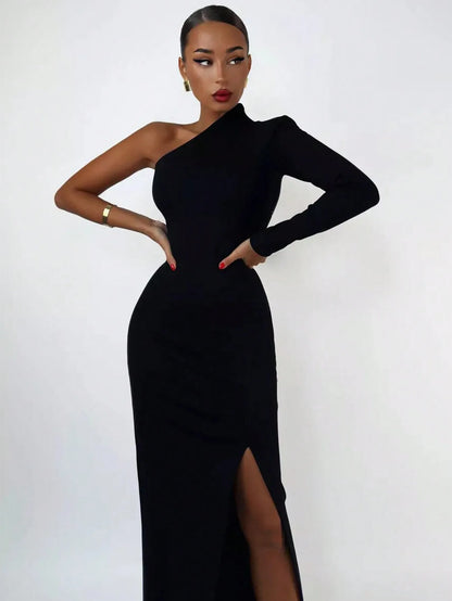 Women's Fashion Spring Summer Sexy Elegant Black Long Sleeve One Shoulder Long Bodycon Dress Party Cocktail Evening Dress Clothe