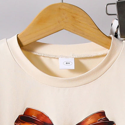 Kids  Clothing Sets Beige Bow Printed T-shirt & Striped Leopard Pants Trendy Girls Outfit Summer Clothing Sets 8-12 Kids Suit