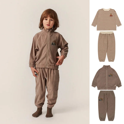 KS AW Kids Clothing Baby Boys Coat Embroidery Towel Cloth Zipper Jacket Pants Suits Girls Stripe Long Sleeve T Shirts Trousers