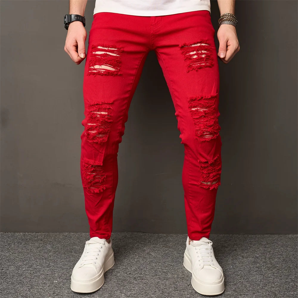 Men Street style Holes Skinny Beggar Jeans Good Quality Distressed Men's Slim Pencil Denim Pants Male Clothing