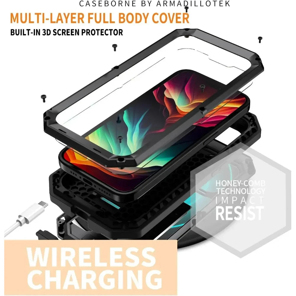 Heavy Duty Rugged Metal Case for iPhone, Case for iPhone 17 16 15 14, 13 Pro Max, Screw Military Shockproof Cover with Screen Ca