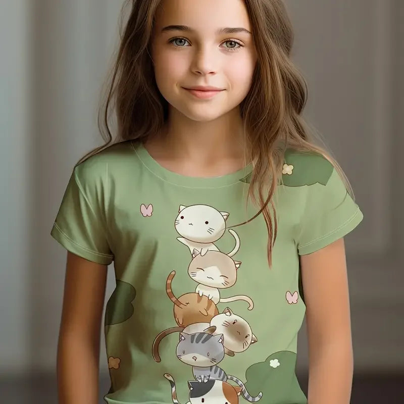 Kids Clothes Children's T-Shirt Girl Short Sleeve Top Cartoon Cat Kawaii Girls Summer Clothes Child T-Shirt  Children's Clothing