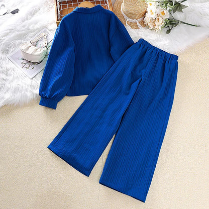 Girls Sets 4-16 Years Shirt Long-Sleeved Coat + Loose Casual Long Pants For Girls Korean Style Suits Summer Fashion Clothes Sets