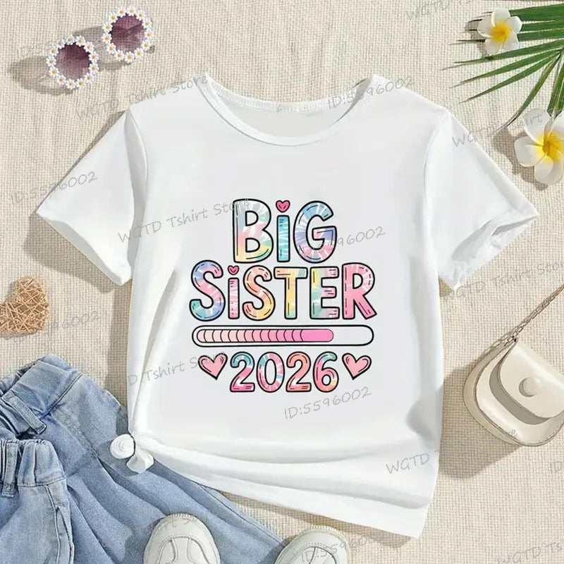 Girls Big Sister 2026 T-Shirt Cute Kawaii Graphic Toddler Tee Funny Birthday Gift for Girls Sibling Matching Outfit Kids Clothes