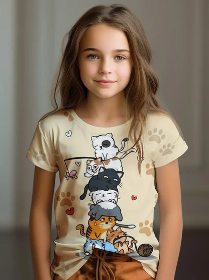 Kids Clothes Children's T-Shirt Girl Short Sleeve Top Cartoon Cat Kawaii Girls Summer Clothes Child T-Shirt  Children's Clothing