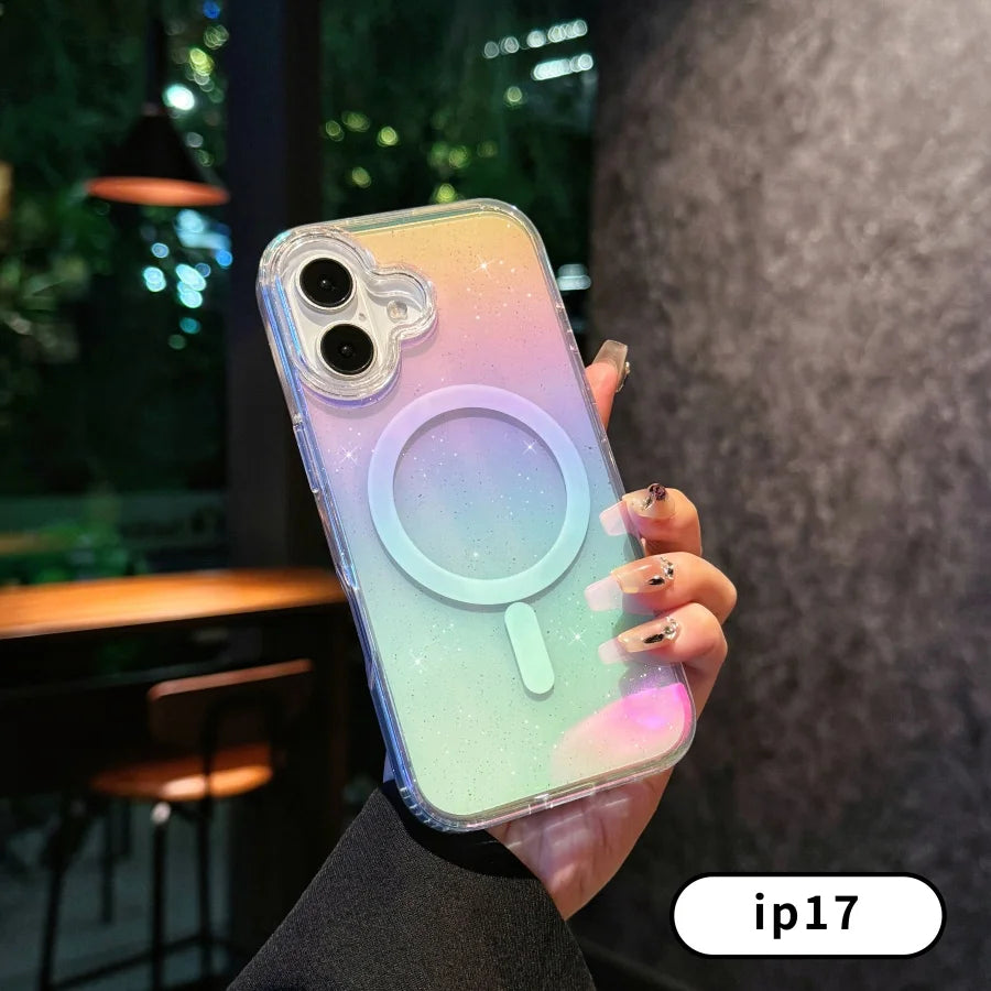 Suitable For iPhone 17pro max case，17 Air ，17Pro Transparent  PC +TPU Hard glittery gradient Magnetic protective case