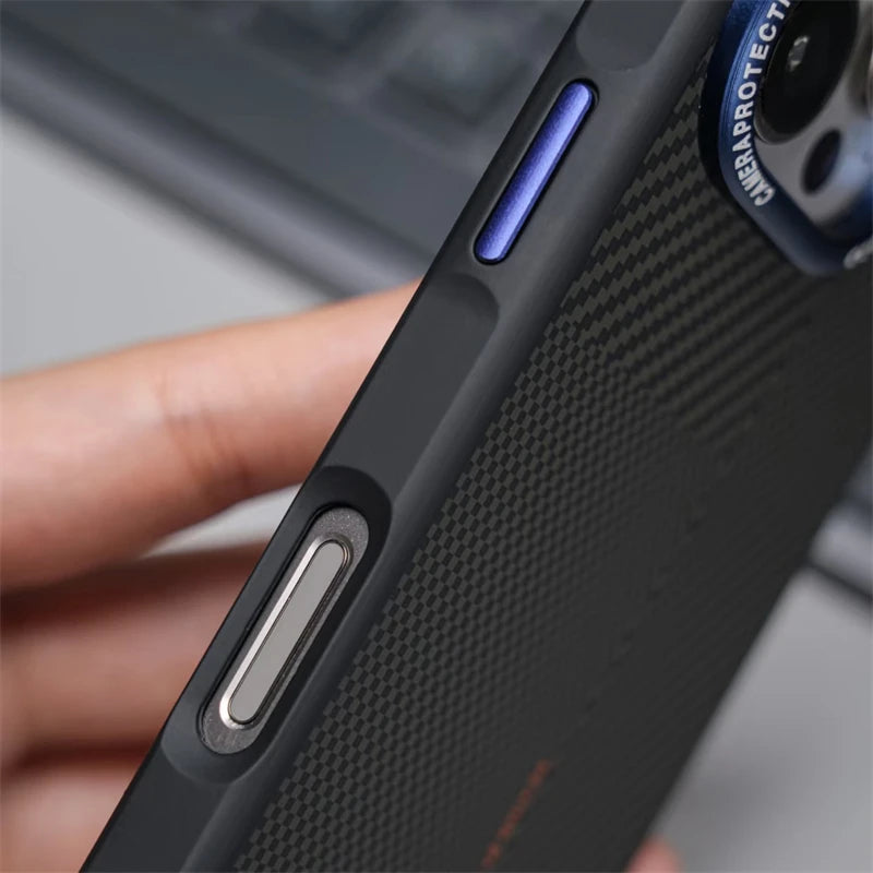 Matte Carbon Fiber Texture MagSafe Phone Case For iPhone 17 16 15 14 Pro Max 17Air Wireless Charging Alloy Lens Shockproof Cover