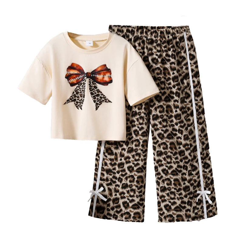 Kids  Clothing Sets Beige Bow Printed T-shirt & Striped Leopard Pants Trendy Girls Outfit Summer Clothing Sets 8-12 Kids Suit