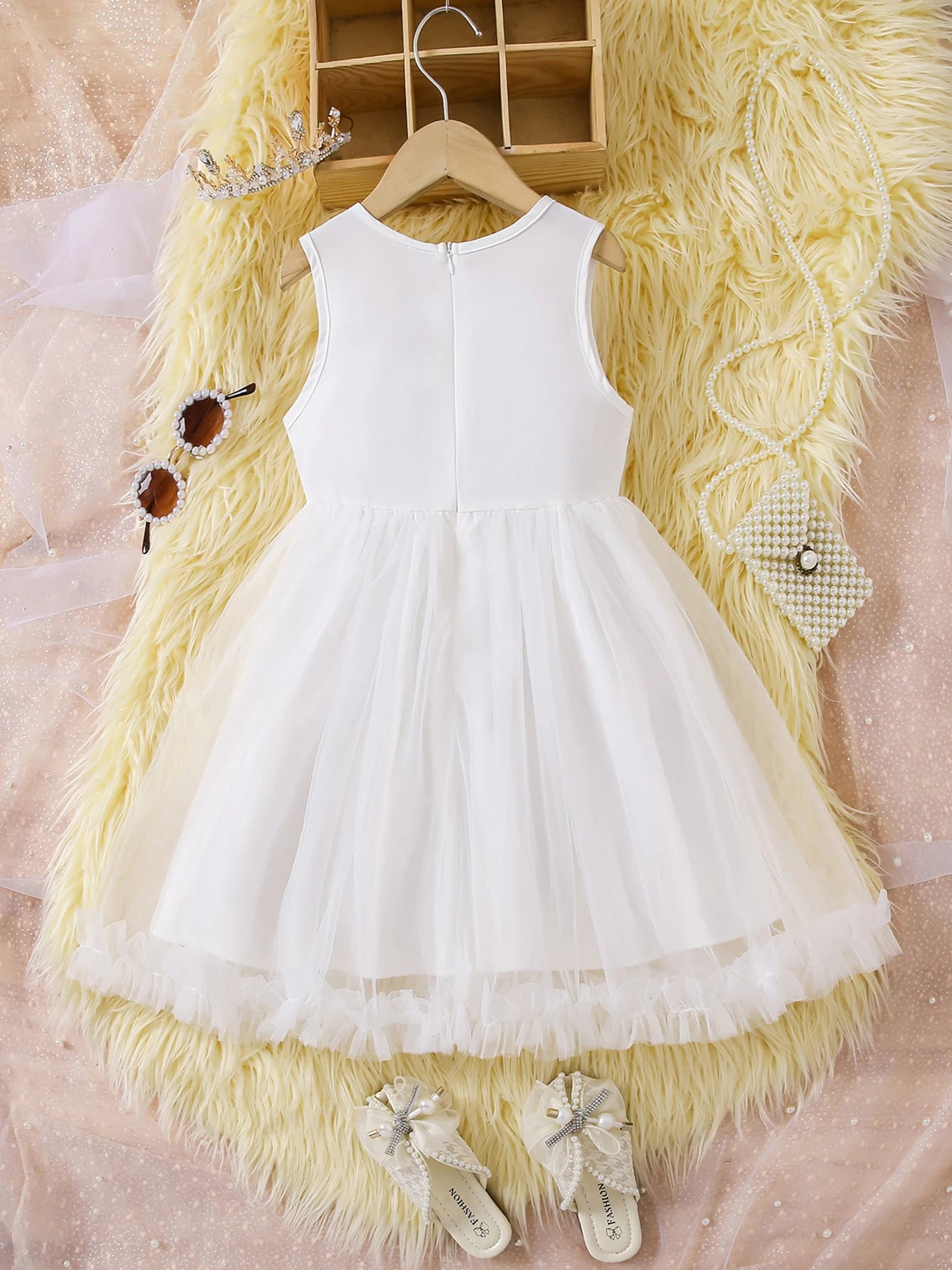 Girls summer simple generous gauze skirt fashion three-dimensional flowers round neck vest with zipper fit dress