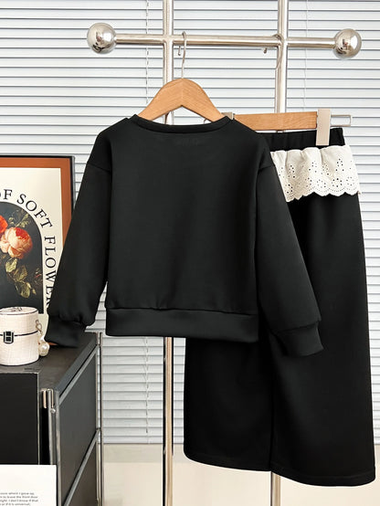 children's clothing for 3-7 years  white bow printed long-sleeved top + pants autumn girls set