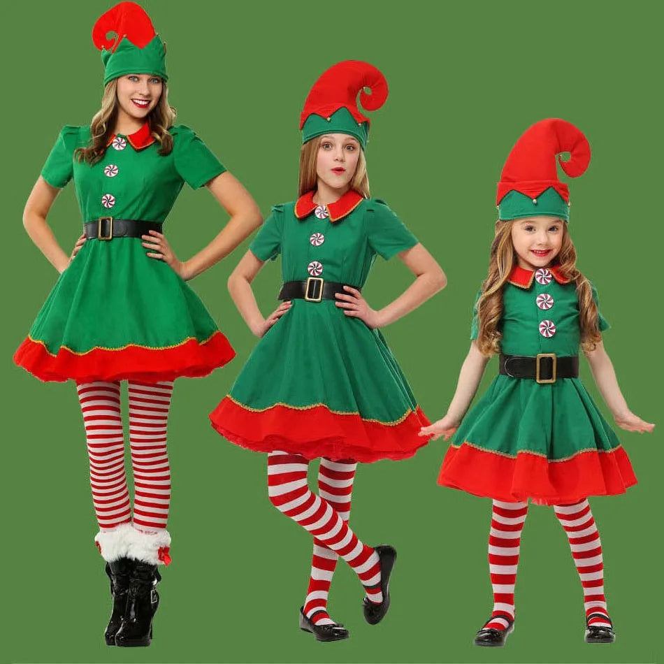 Kids Adult Christmas Clothing Set Kids Tops Pants Hat Belt Children Xmas Clothes Baby Boy Girl Birthday Outfit Elves Costume