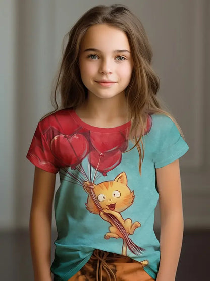 Kids Clothes Children's T-Shirt Girl Short Sleeve Top Cartoon Cat Kawaii Girls Summer Clothes Child T-Shirt  Children's Clothing