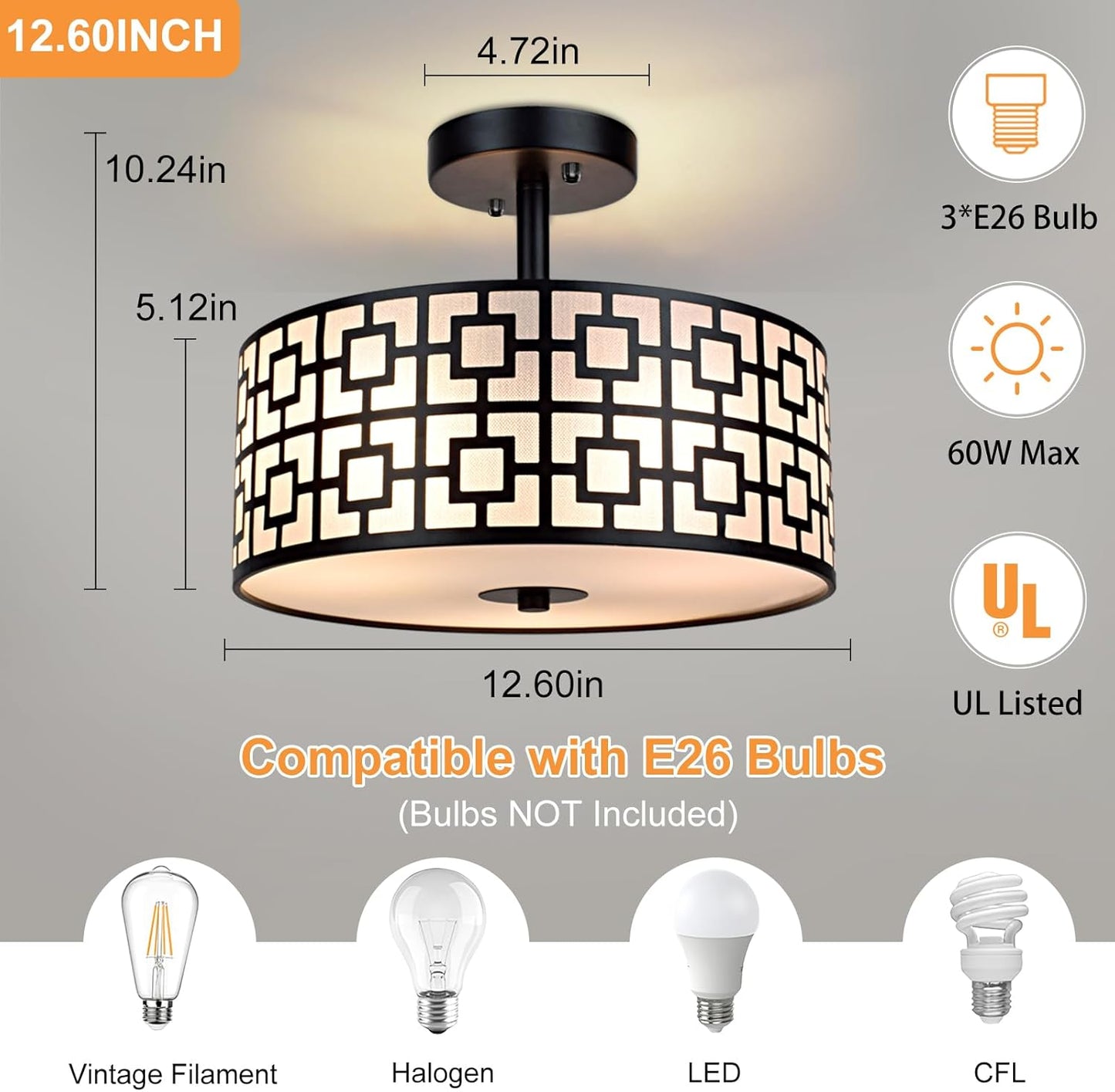 DLLT Modern 3-Light Semi-Flush Mount Ceiling Light Fixture - Drum Style Lighting for Dining Room and Kitchen - Black Double Shade Ceiling Lamp for Bedroom