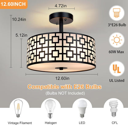 DLLT Modern 3-Light Semi-Flush Mount Ceiling Light Fixture - Drum Style Lighting for Dining Room and Kitchen - Black Double Shade Ceiling Lamp for Bedroom