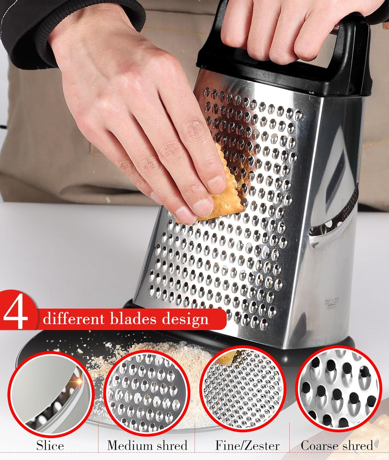 Professional Stainless Steel Box Grater with Handle - 4-Sided Vegetable Shredder and Slicer with Container for Parmesan, Cabbage, Ginger, Lemon, Chocolate, and Coconut (Black)