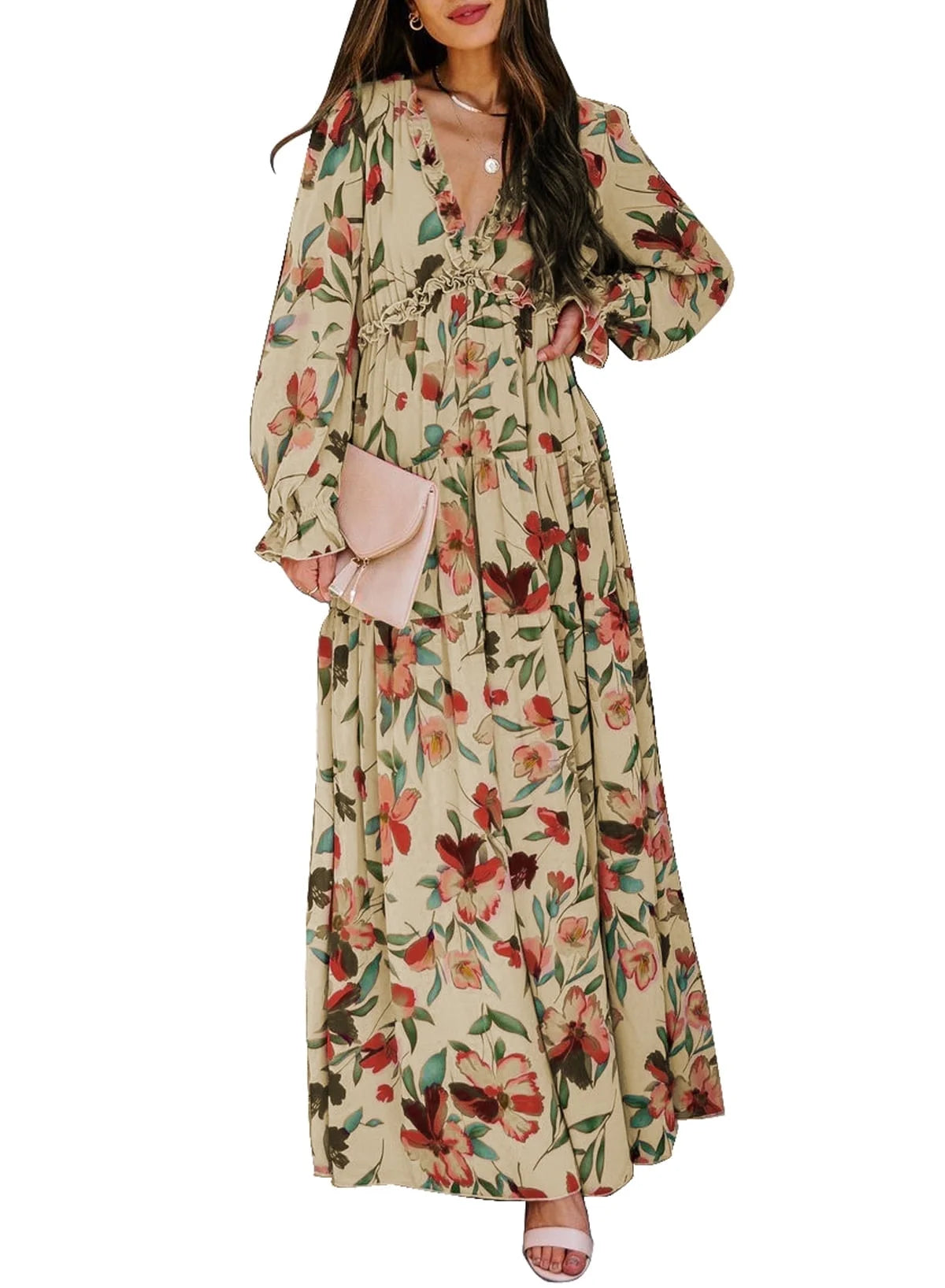 Elegant Floral Maxi Dress for Women - Deep V Neck Long Sleeve Evening & Cocktail Dress, Sizes US 12-14 (L)