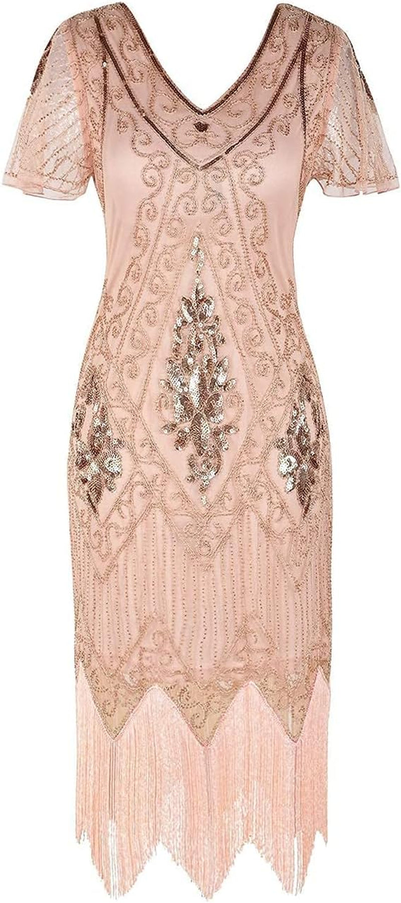 Women's 1920s Art Deco Sequined Flapper Cocktail Dress with Sleeves