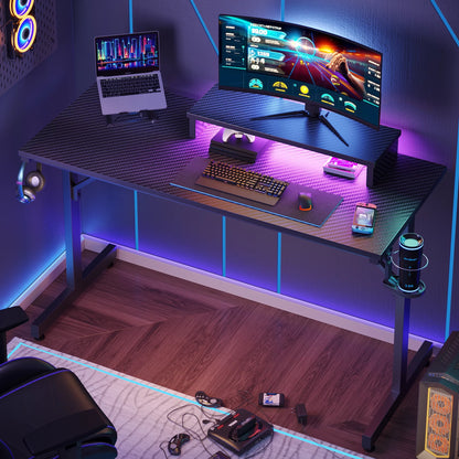 42" Gaming Desk with LED Lights, Monitor Stand, Headphone Hook & Cup Holder - Carbon Fiber Black