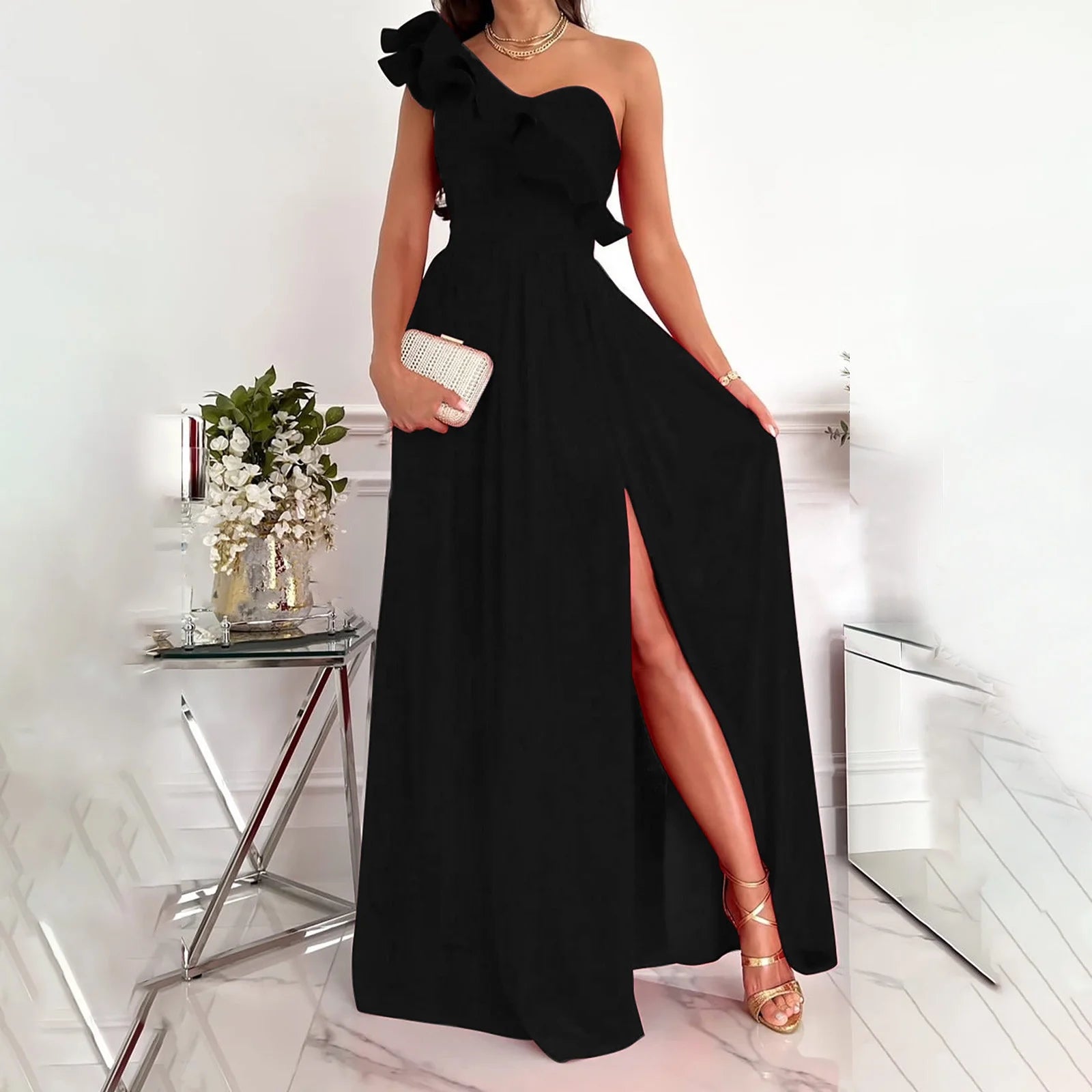 plus Size Women'S Summer Dresses , Sleeveless Sloping Shoulder Sexy Long Party Club Dresses, Sizes S-2XL