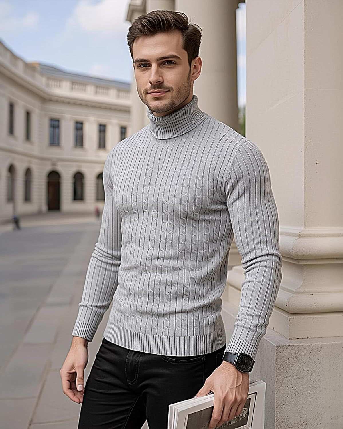 Men's Slim Fit Cable Knit Turtleneck Thermal Sweater