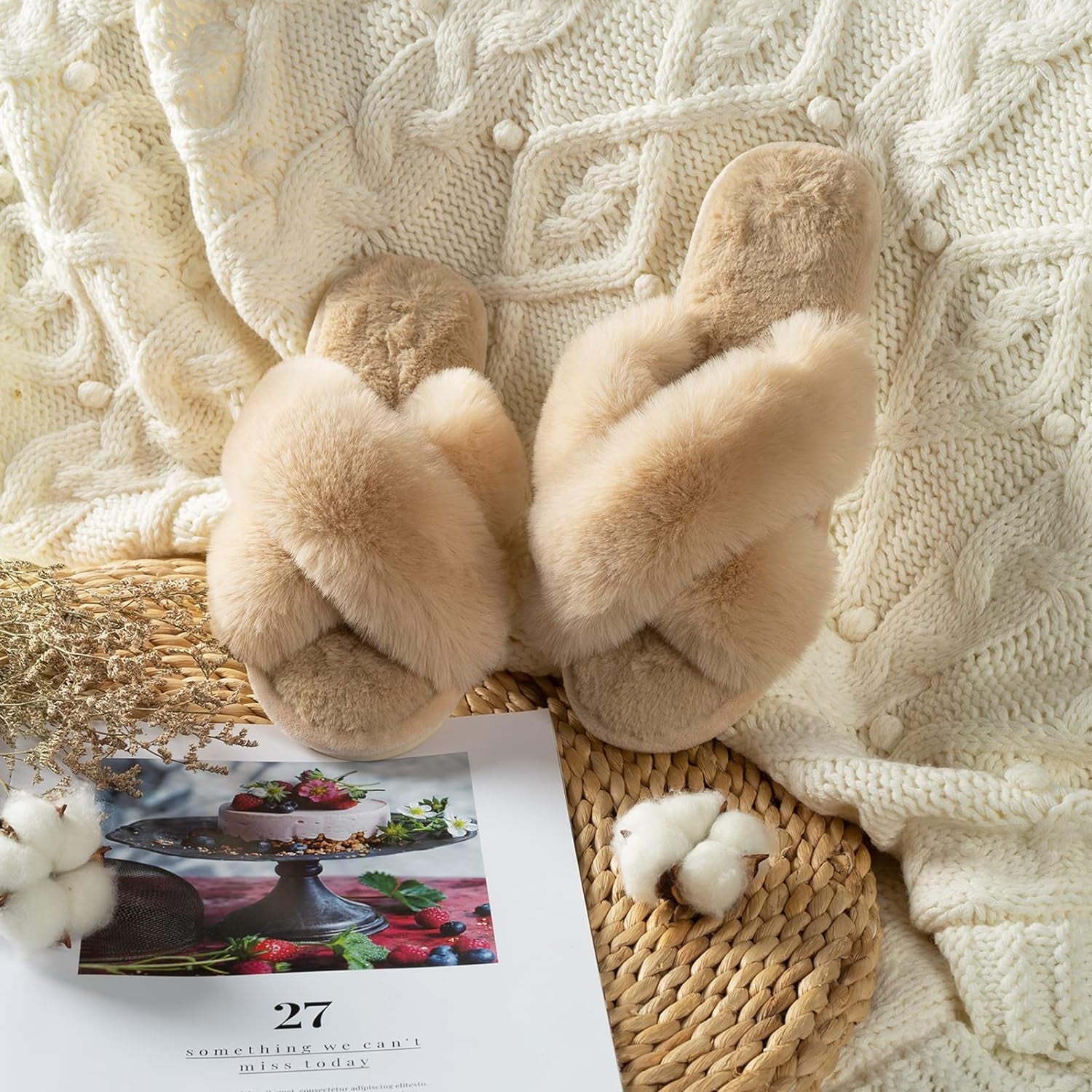 Women's Fuzzy Cross Band Slippers with Memory Foam - Comfortable Open Toe Indoor Footwear for Ladies