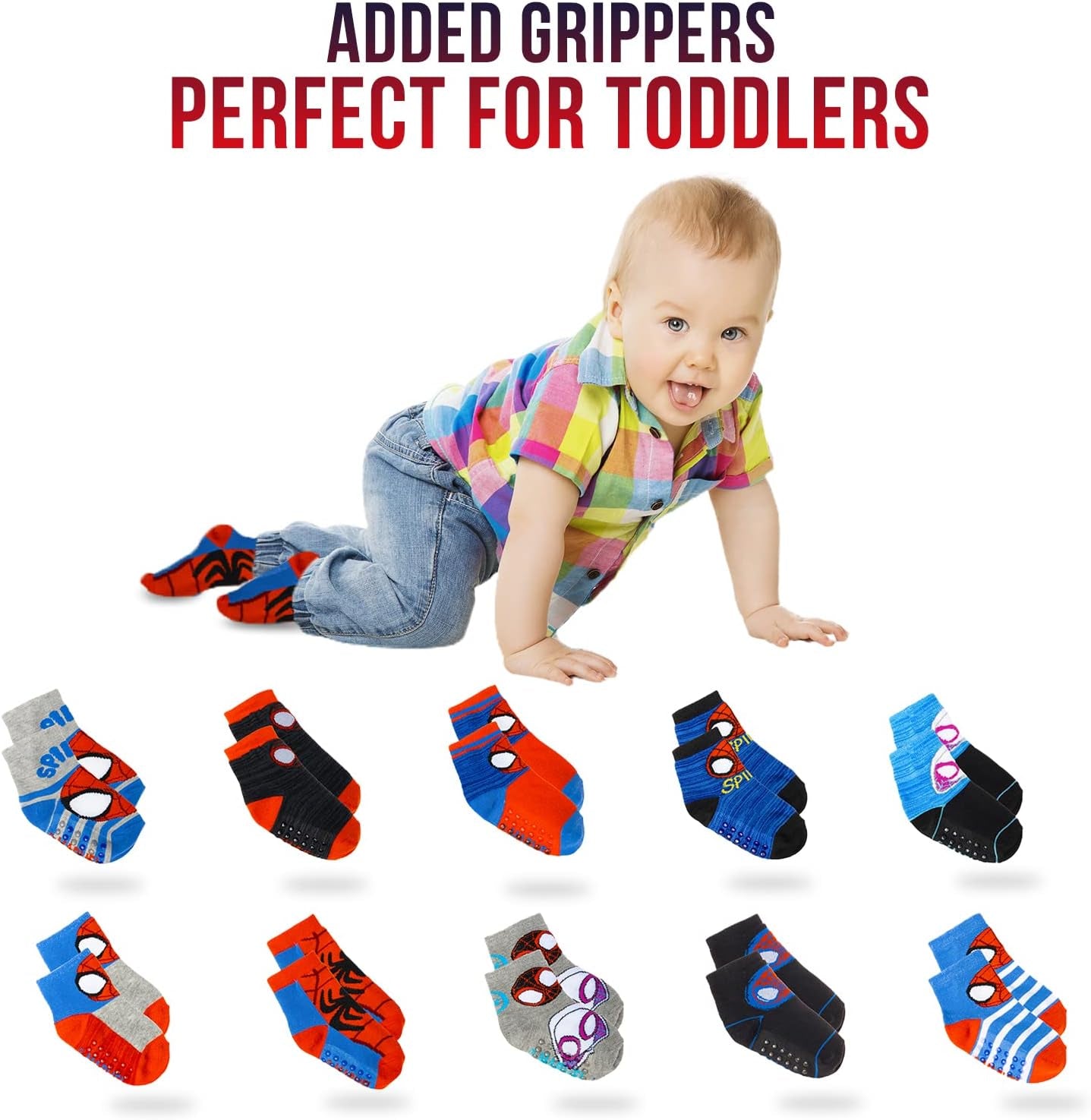 Spiderman Grip Socks, 10 Pack, Toddler Boys, Ankle Length, Multicolor, Small