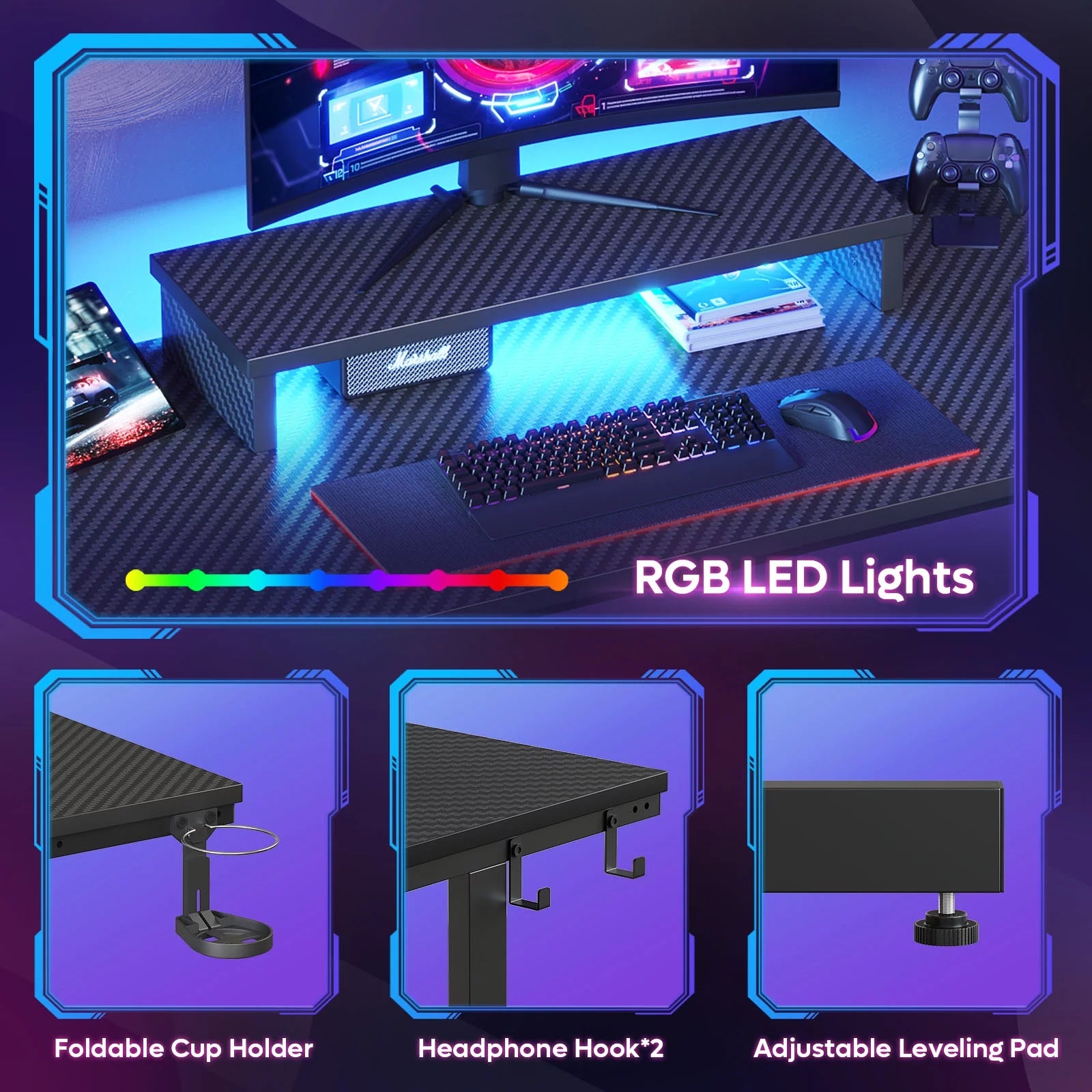 42" Gaming Desk with LED Lights, Monitor Stand, Headphone Hook & Cup Holder - Carbon Fiber Black