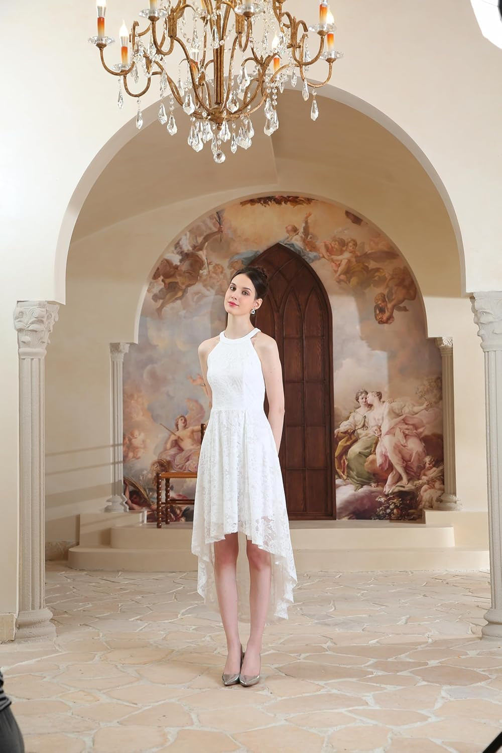 Halter Lace Wedding Guest Dress with Hi-Lo Hem for Women - Formal Cocktail Party and Bridesmaid Attire