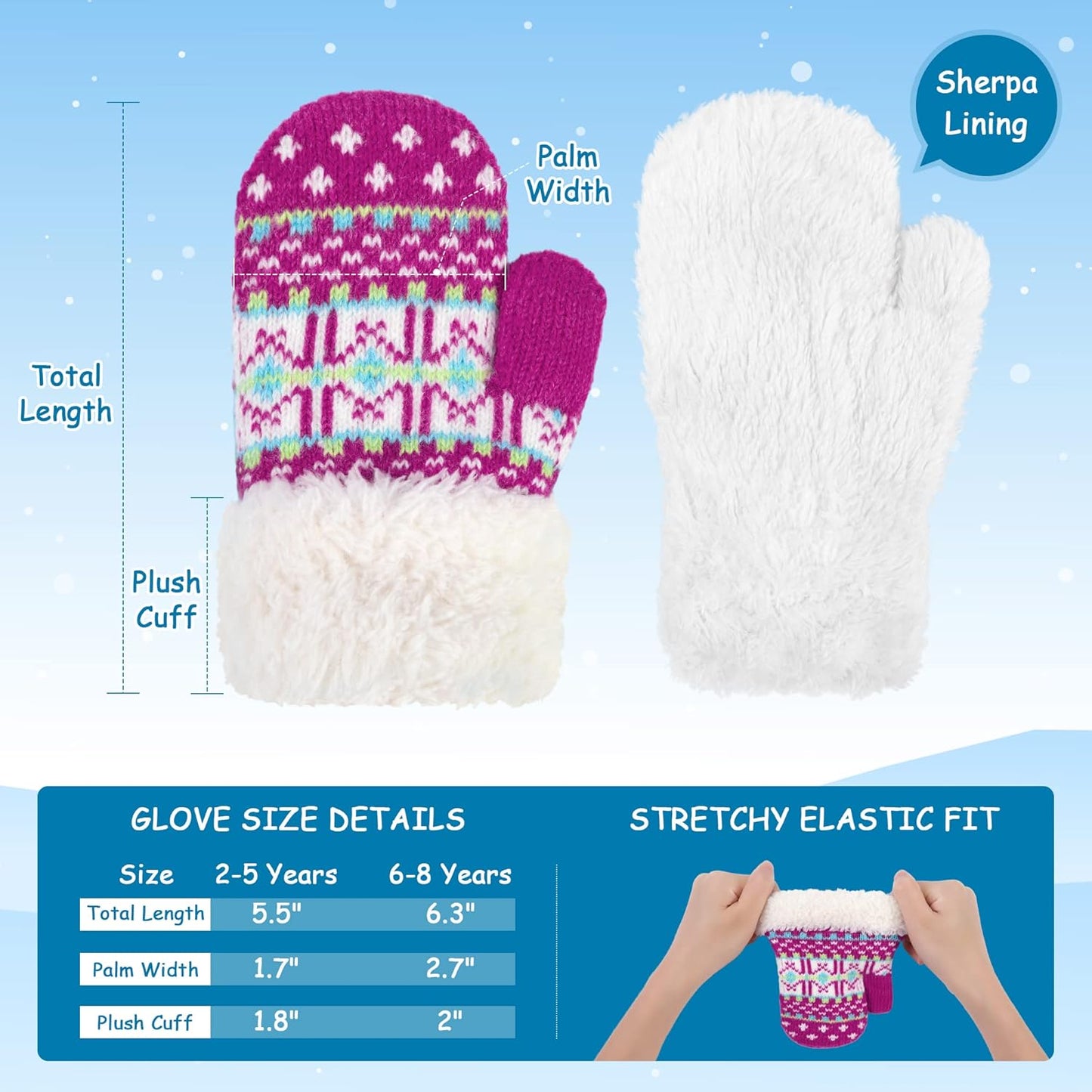 Kids' Sherpa-Lined Knit Mittens - Set of 3 Pairs for Boys and Girls Winter Gloves