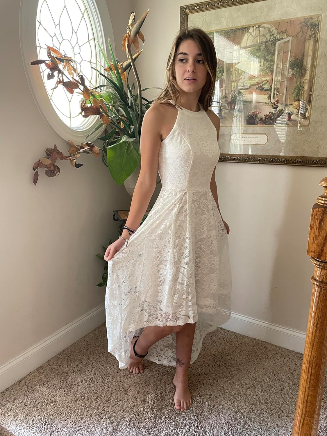 Halter Lace Wedding Guest Dress with Hi-Lo Hem for Women - Formal Cocktail Party and Bridesmaid Attire