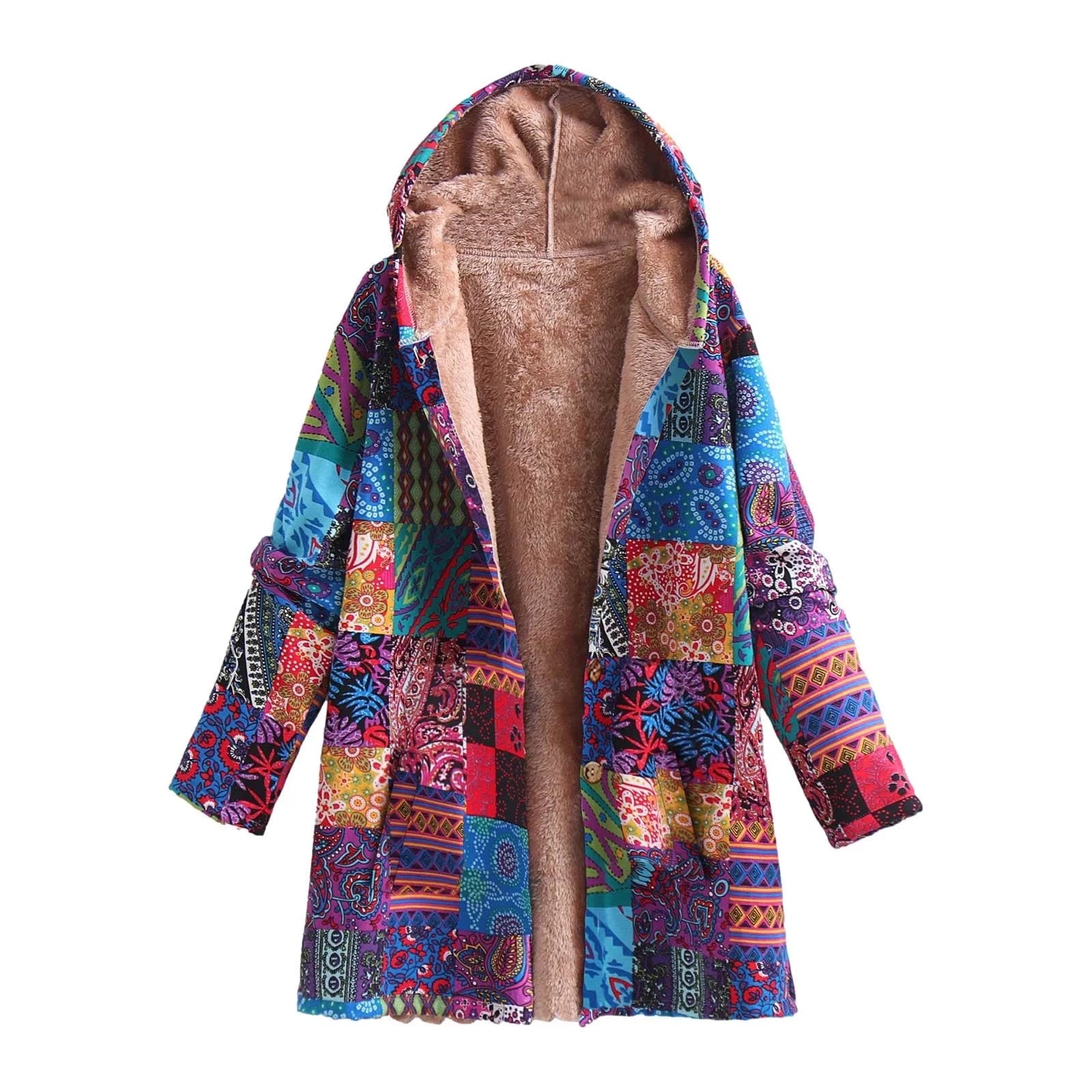 Cozy Vintage Ethnic Printed Fleece Jacket for Women - Warm Hooded Outwear with Pockets & Buttons in Wine - Plus Size XXXL