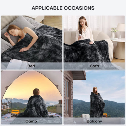 Heated Faux Fur Throw Blanket - 50" x 60", Soft Tie-Dye Black, 6 Heat Levels, Large LED Display, 4-Hour Timer