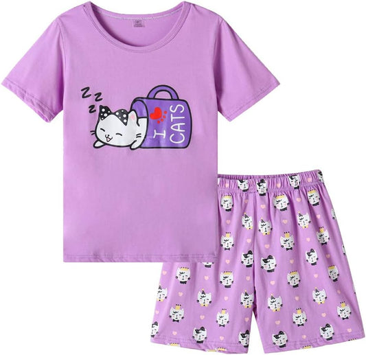 Girls' Cotton Sleepwear Set - Cute Cat Pattern Pajama with Comfy Shorts