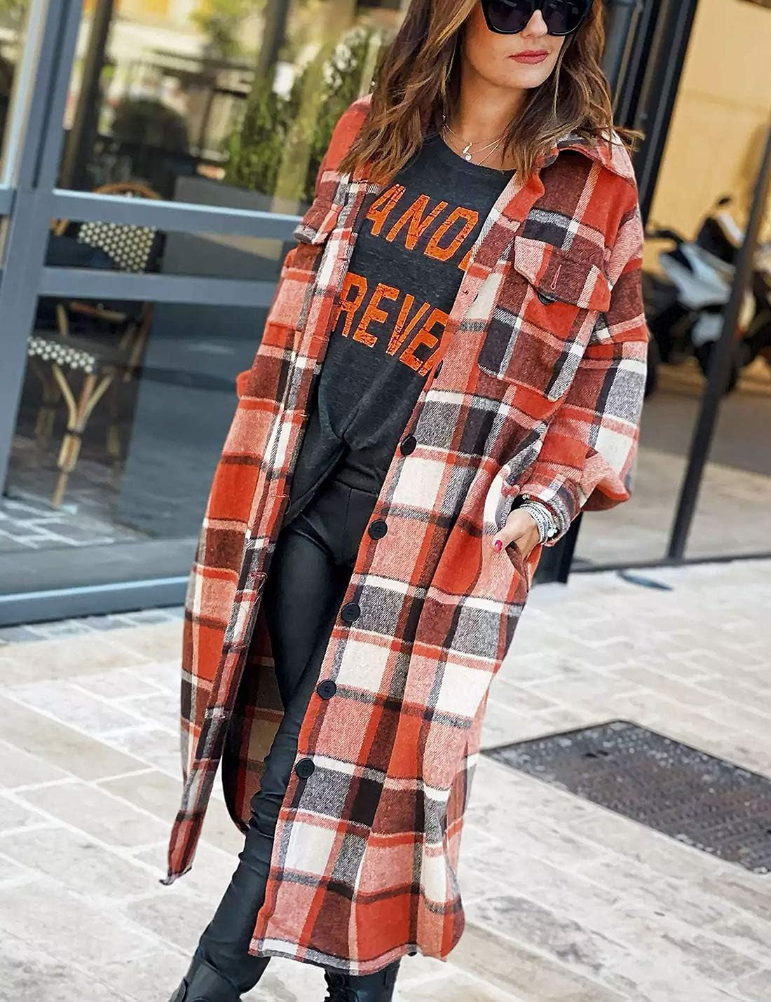 Women's Oversized Flannel Plaid Shacket - Long Button-Down Shirt Jacket for Fall