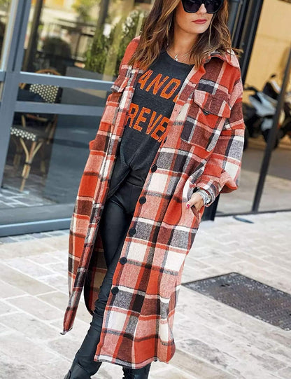 Women's Oversized Flannel Plaid Shacket - Long Button-Down Shirt Jacket for Fall