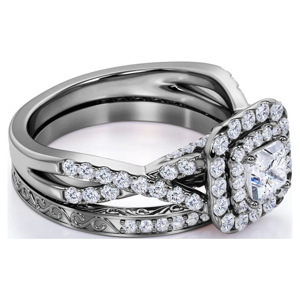 Stunning  Vintage-Inspired Double Halo Square Diamond Wedding Ring Set in 10K Black Gold with Twisted Band and Pave Accents