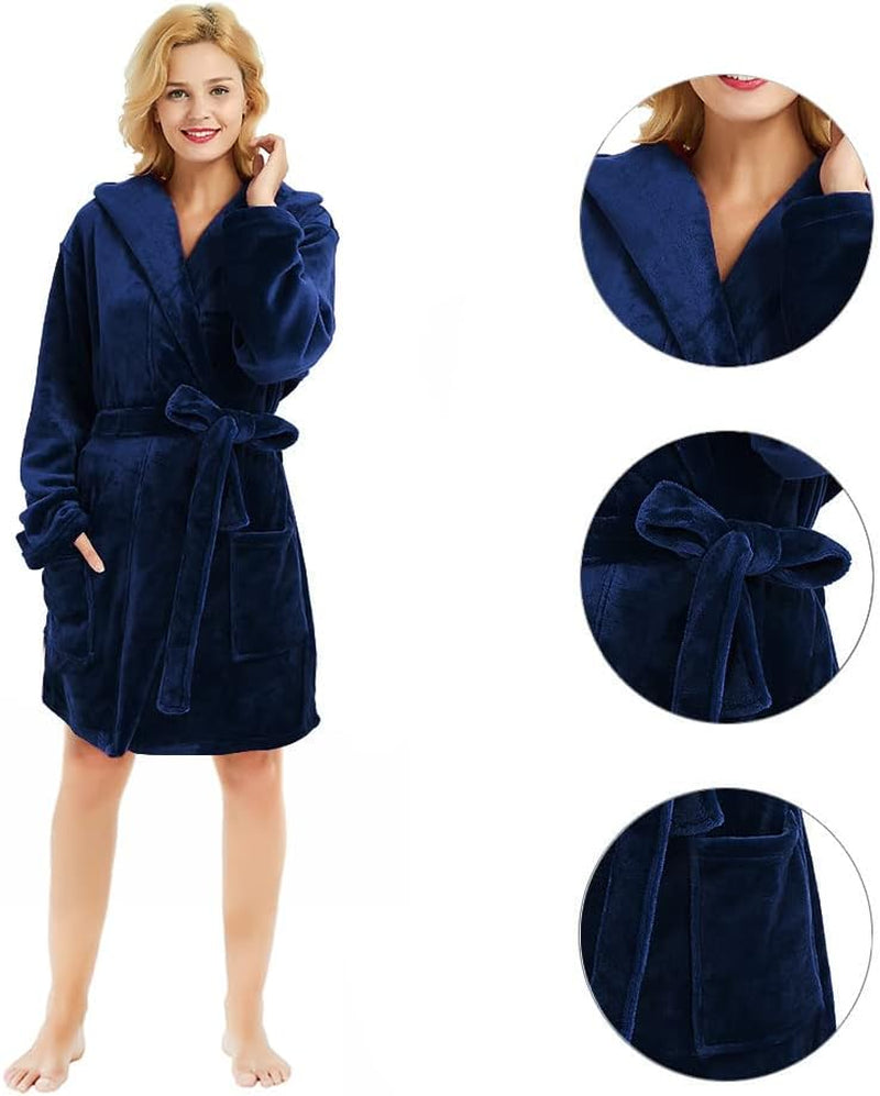 Women's Hooded Fleece Robe - Short Plush Spa Bathrobe for Ultimate Comfort and Warmth