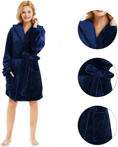 Women's Hooded Fleece Robe - Short Plush Spa Bathrobe for Ultimate Comfort and Warmth