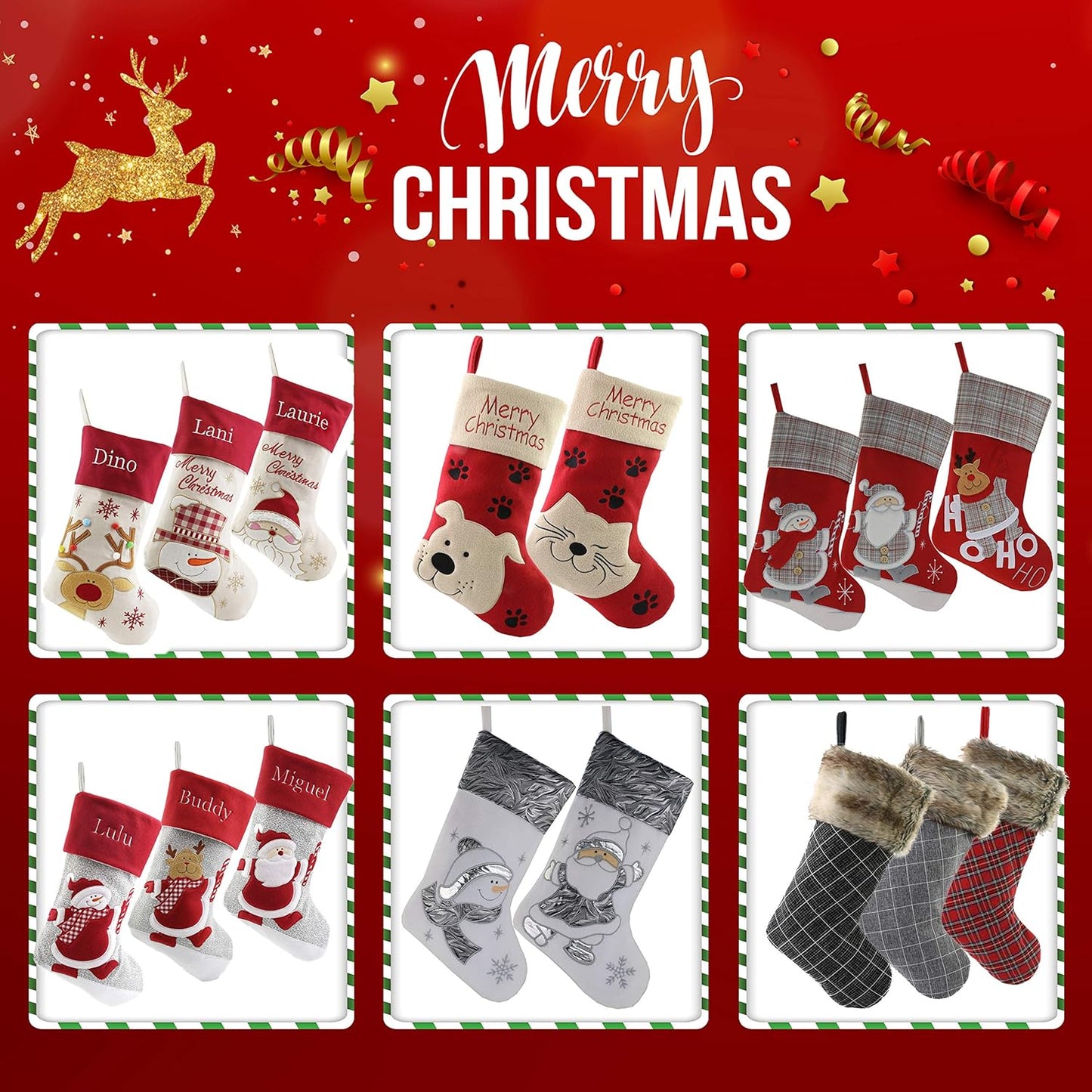 18-Inch Luxury Gold Christmas Stockings Set of 3 - Santa, Snowman, and Reindeer Designs for Kids and Family