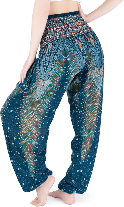 Women's Bohemian Flowing Harem Pants with Smocked Waist for Yoga and Casual Wear