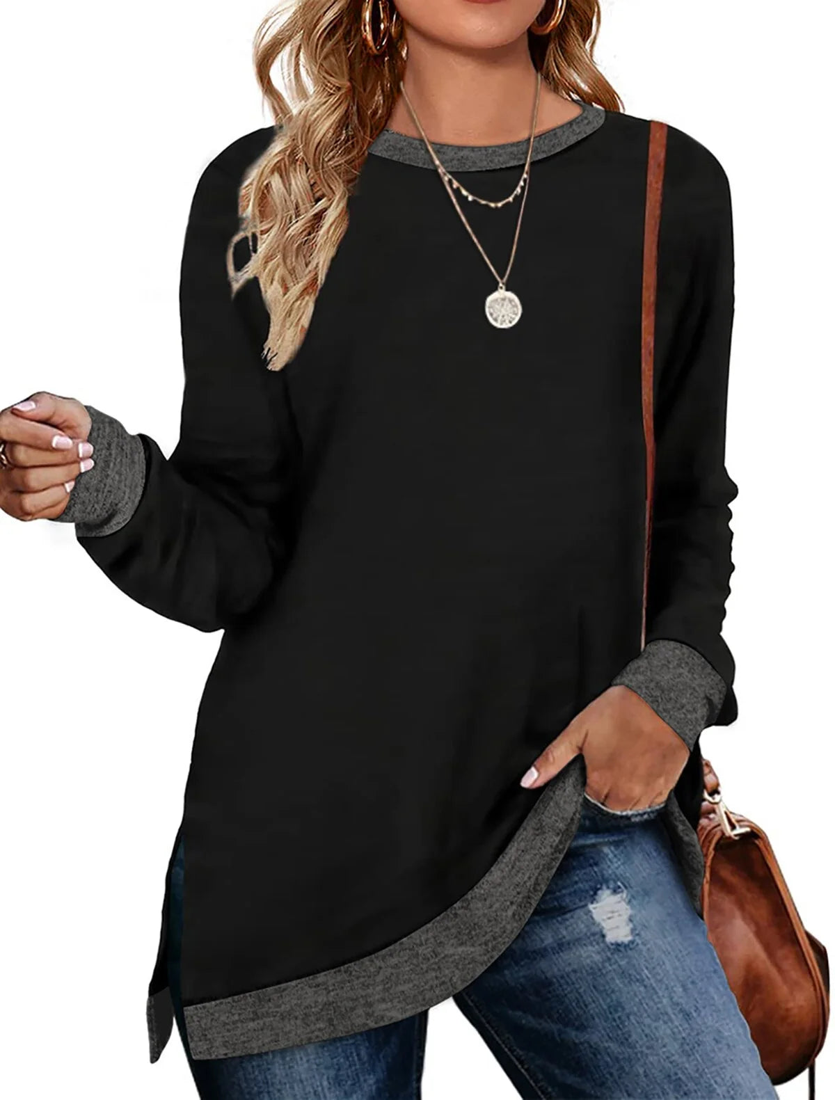 Stylish Color Block Long Sleeve Sweatshirt for Women - Side Split Tunic Top
