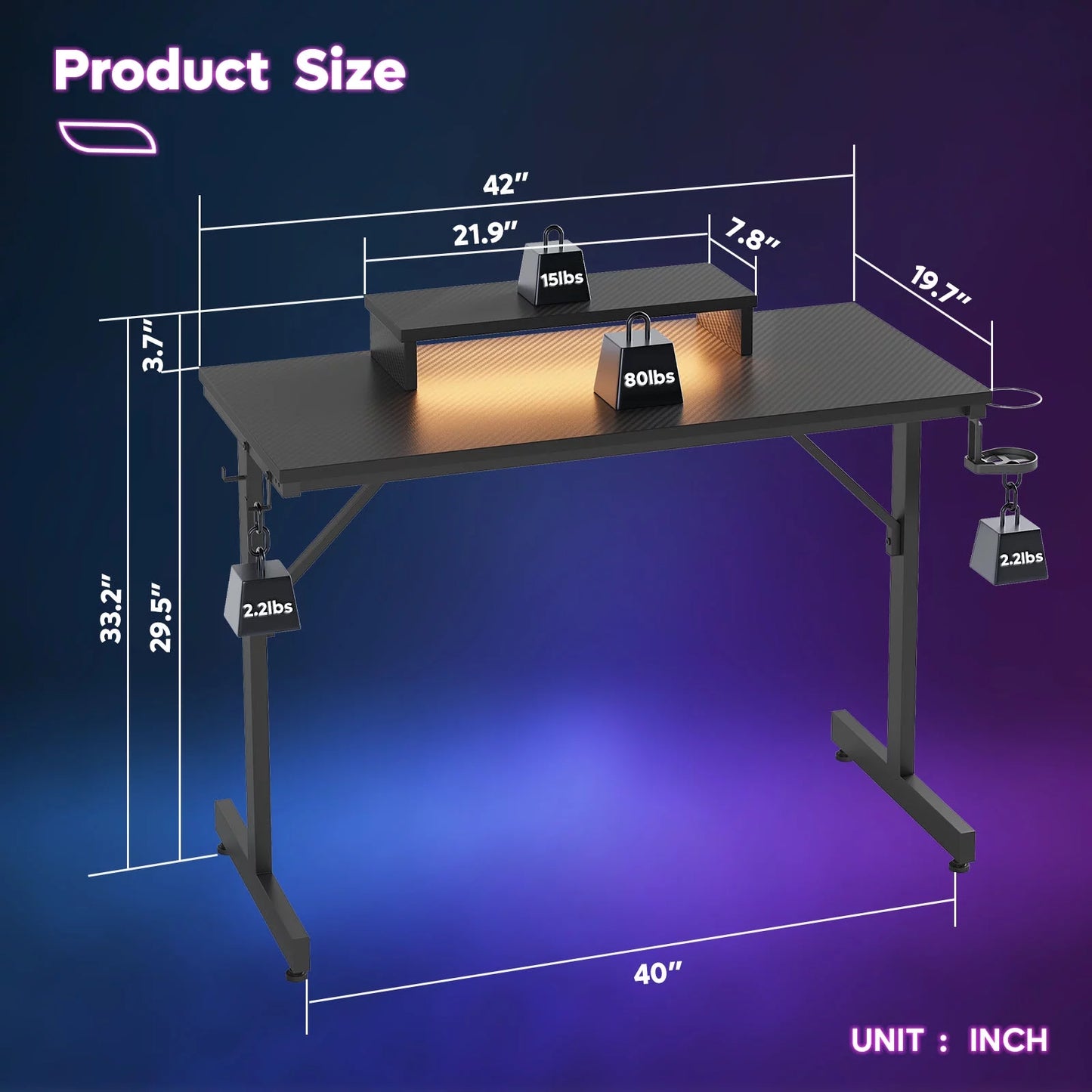 42" Gaming Desk with LED Lights, Monitor Stand, Headphone Hook & Cup Holder - Carbon Fiber Black