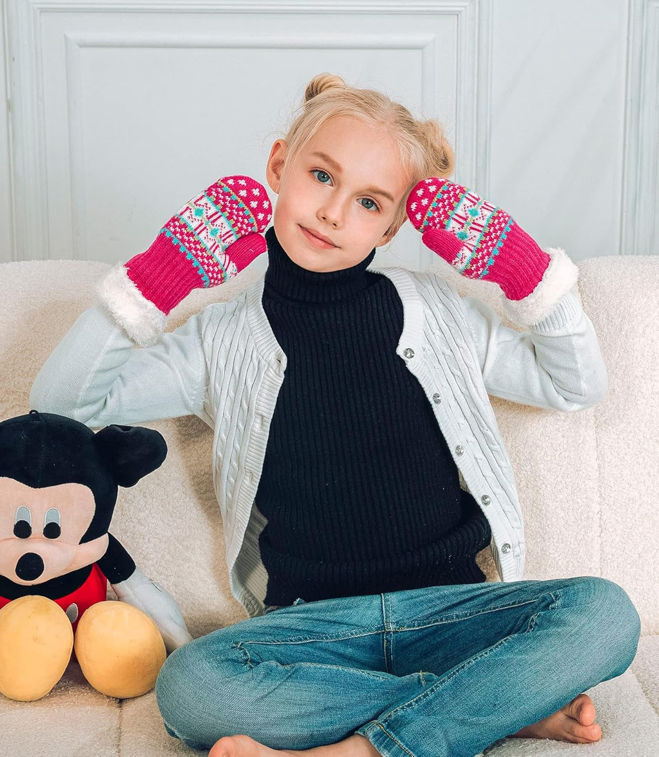 Kids' Sherpa-Lined Knit Mittens - Set of 3 Pairs for Boys and Girls Winter Gloves