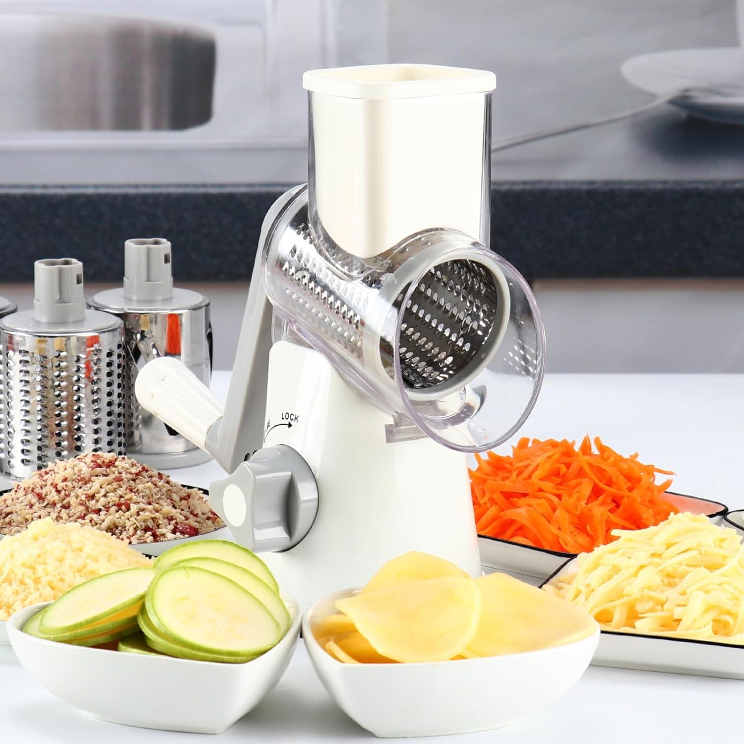 Manual Rotary Cheese Grater with Non-Slip Suction Base, Three Blades, and Cleaning Brush for Cheese, Vegetables, and Nuts - White