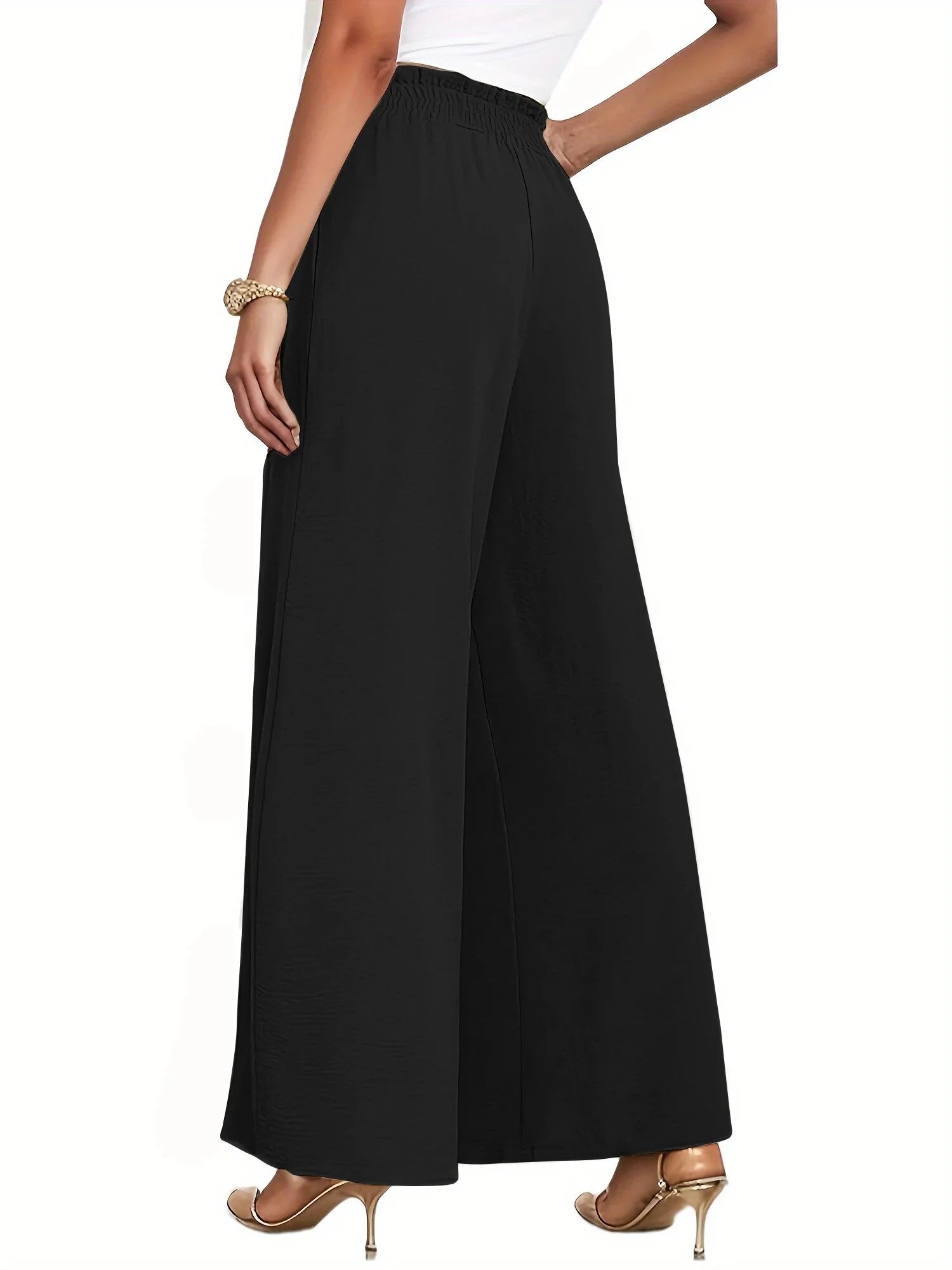 High-Waisted Wide Leg Lounge Pants with Pockets - Adjustable Tie Knot Casual Trousers for Work and Play