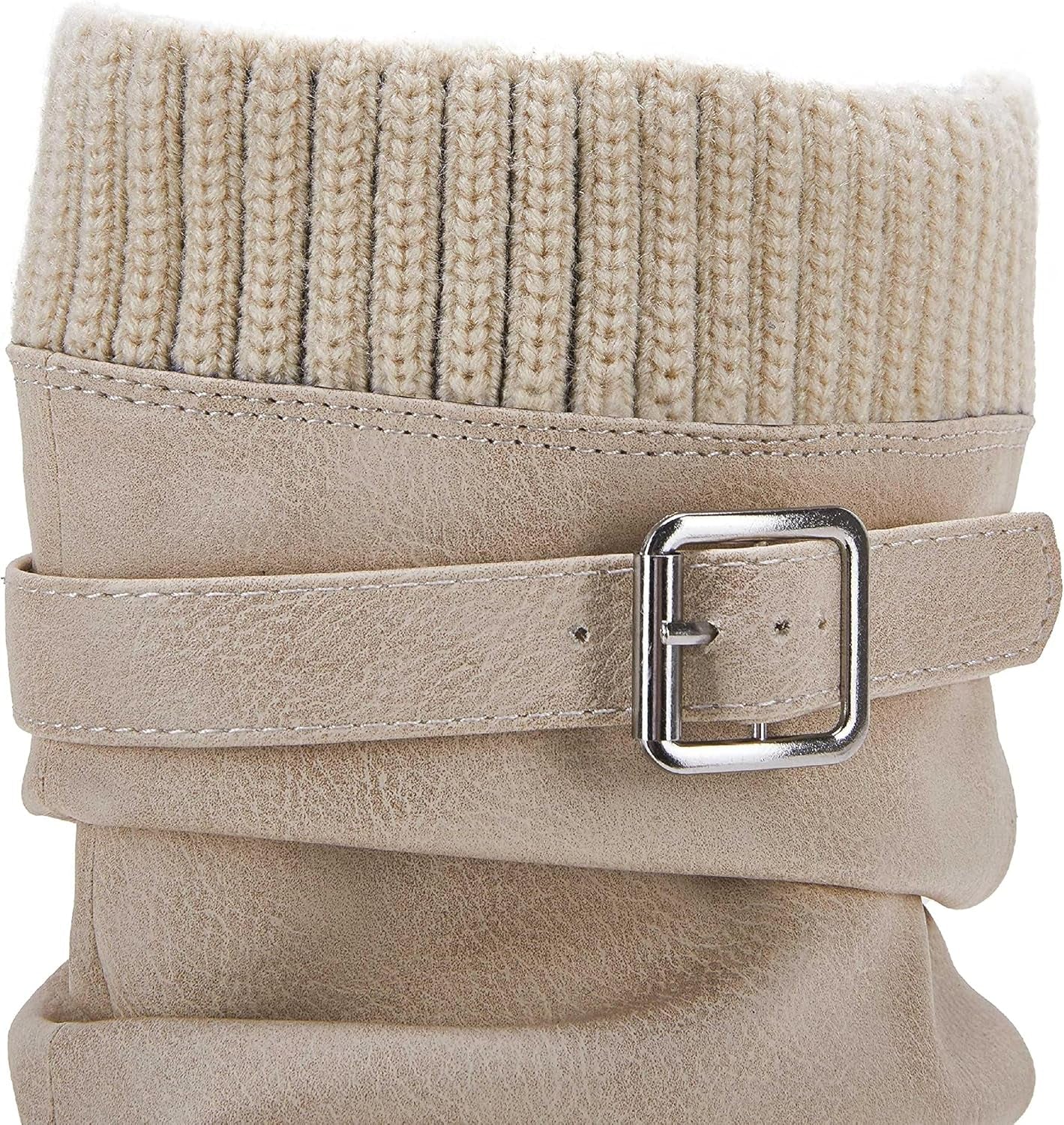 Womens Winter Mid Calf Slouchy Low Chunky Block Heel Faux Leather Buckle Strap Snow Booties