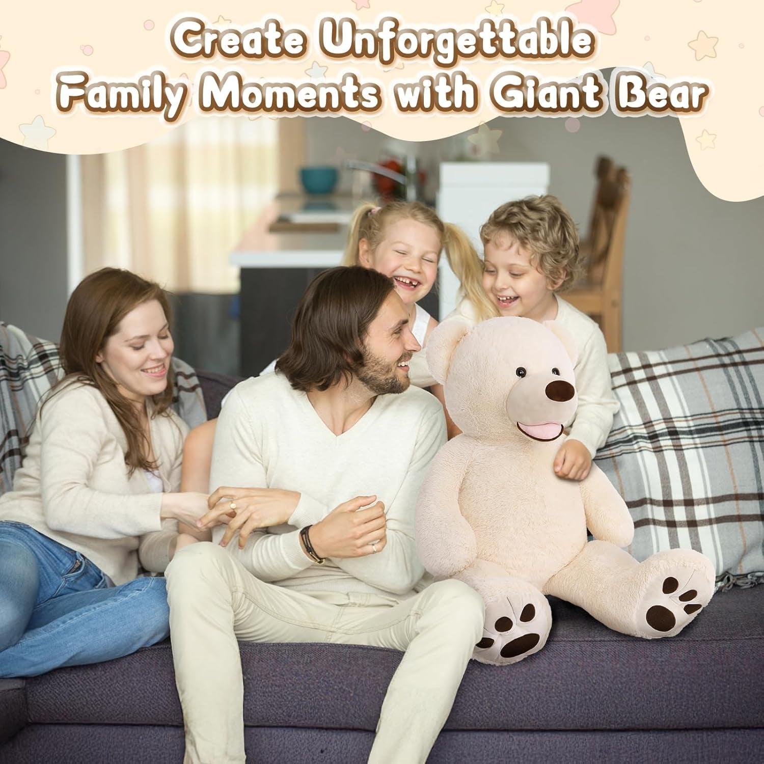 39-Inch Giant Teddy Bear - Plush Stuffed Animal with Large Footprints, Ideal Gift for Kids, Beige