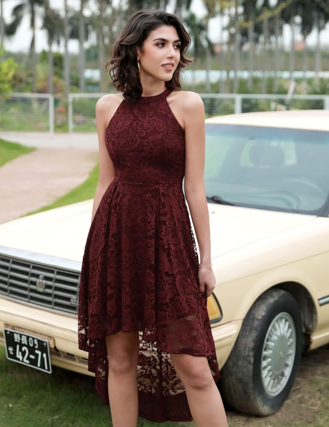 Women's Halter Lace Hi-Lo Cocktail Dress for Weddings and Formal Events