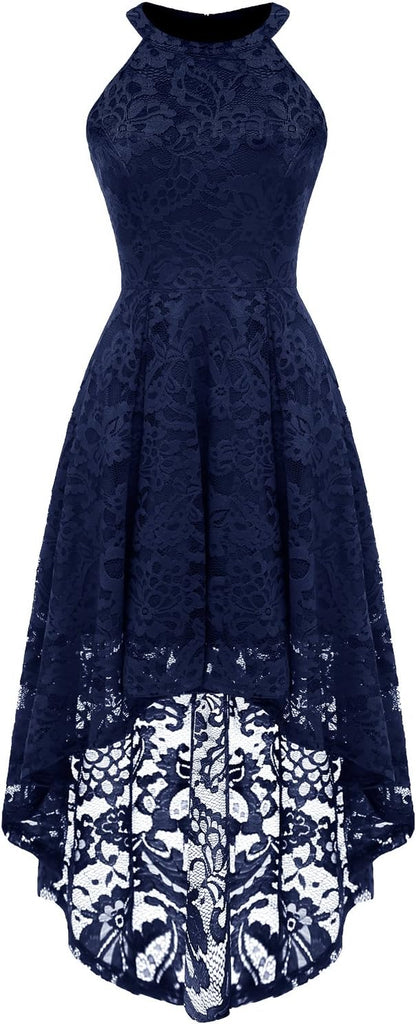 Women's Halter Lace Hi-Lo Cocktail Dress for Wedding Guests and Bridesmaids