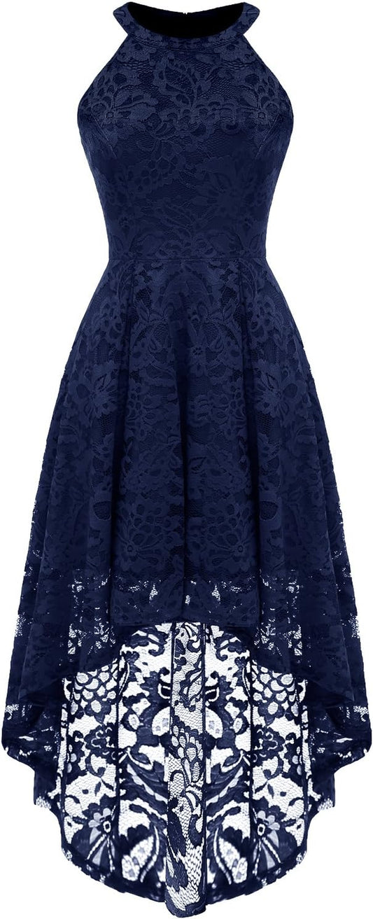Women's Halter Lace Hi-Lo Cocktail Dress for Wedding Guests and Bridesmaids